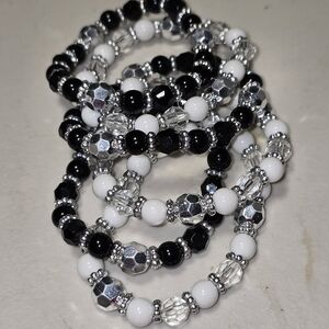 6 Handmade Black White and Clear Stretchy Beaded Bracelet